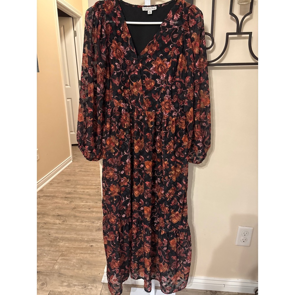 Ophelia Roe Floral Paisley Clip Dot Maxi Dress V-Neck Tiered Boho Orange M
